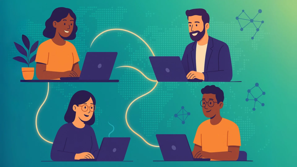 Remote software developers collaborating online across different locations using laptops.