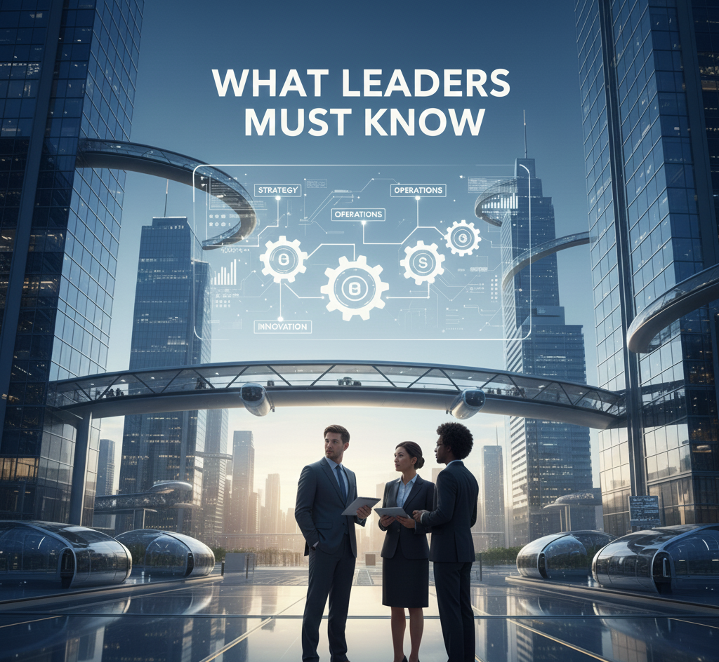 Three business leaders discussing strategy in a futuristic city with digital gears showing operations, strategy, and innovation above them.