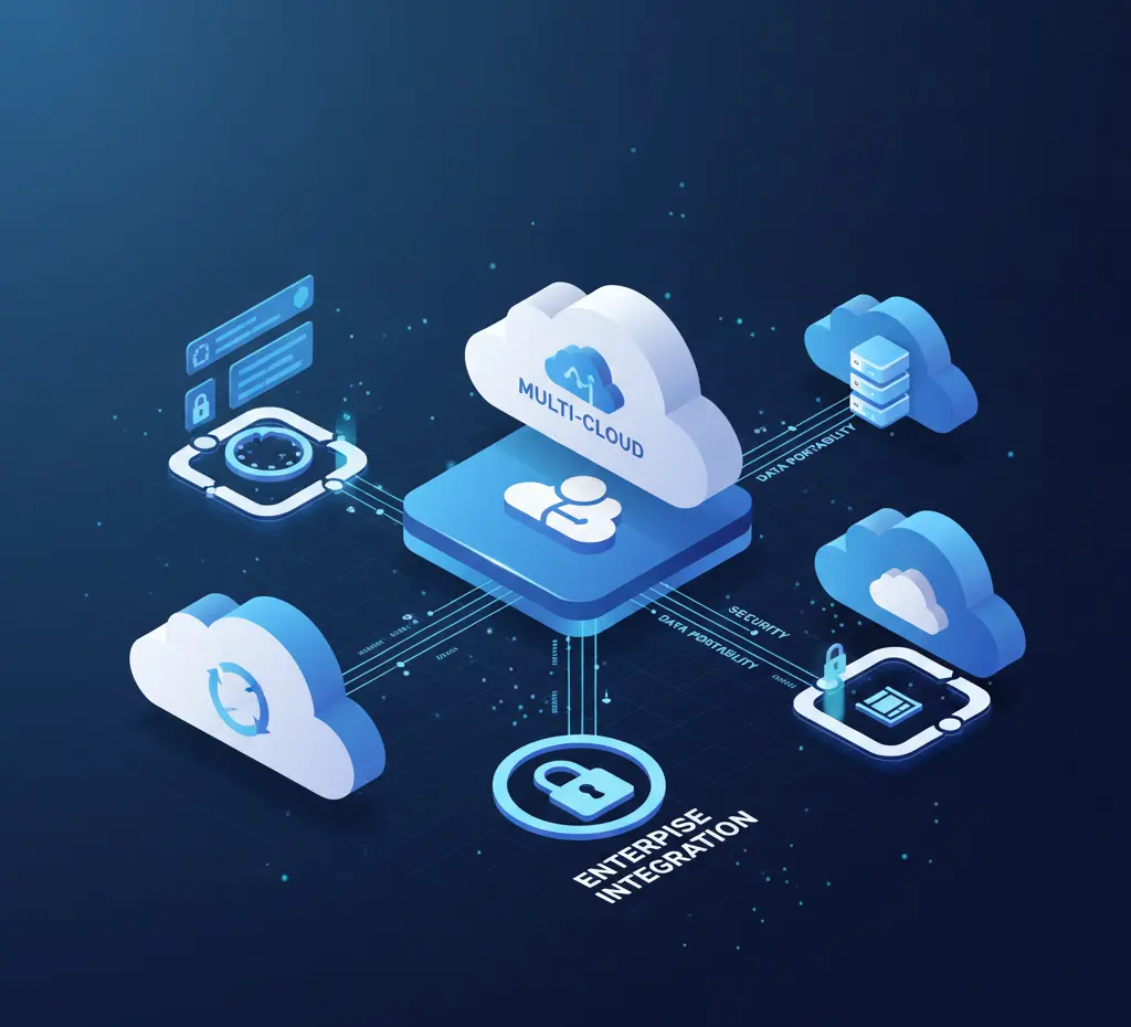 Isometric illustration of a multi-cloud architecture, showing a central ‘Multi-Cloud’ platform connected to multiple cloud services with icons representing security, data portability, synchronization, and enterprise integration.