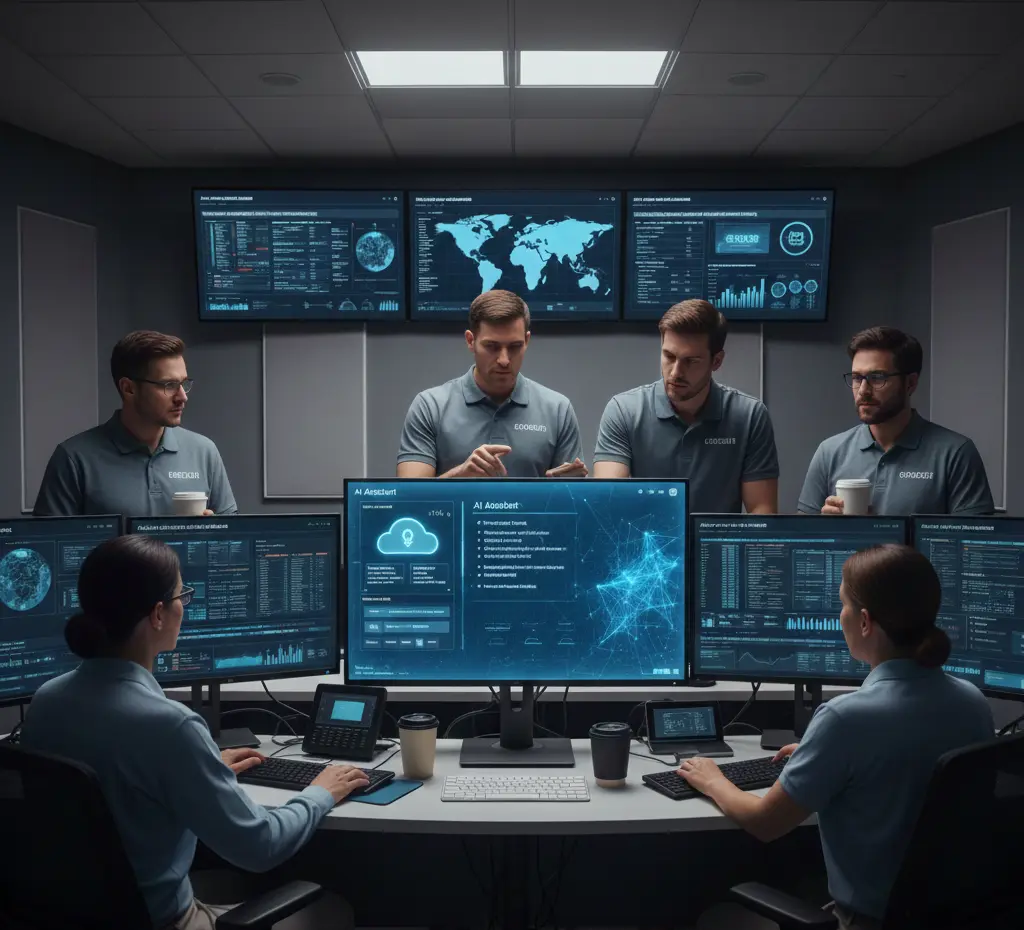 A team of professionals in a modern operations control room collaborate around multiple computer monitors displaying AI dashboards, data analytics, and world maps, suggesting real-time monitoring and decision-making.