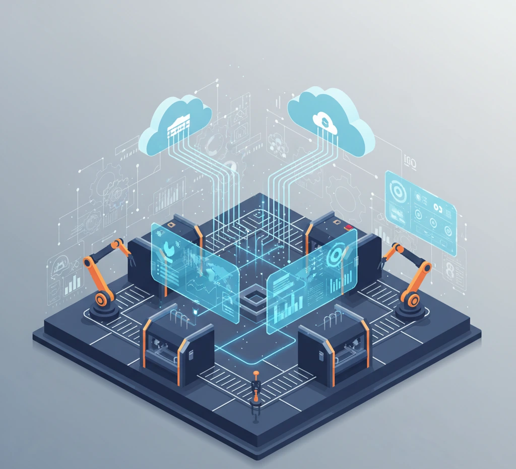 3D isometric illustration of a smart factory floor with robotic arms and machinery connected to cloud ERP systems through glowing data streams. Holographic analytics dashboards display real-time manufacturing metrics, representing cloud ERP for manufacturing and Industry 4.0 integration.