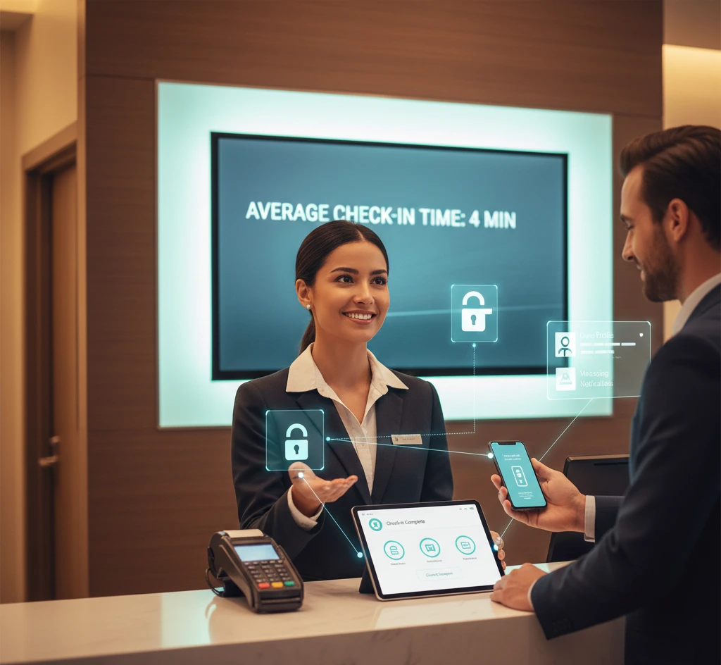 Hotel front desk staff assisting a guest with mobile check-in, showing integrated PMS with digital room key, secure payment processing, and an on-screen display highlighting an average 4-minute check-in time.