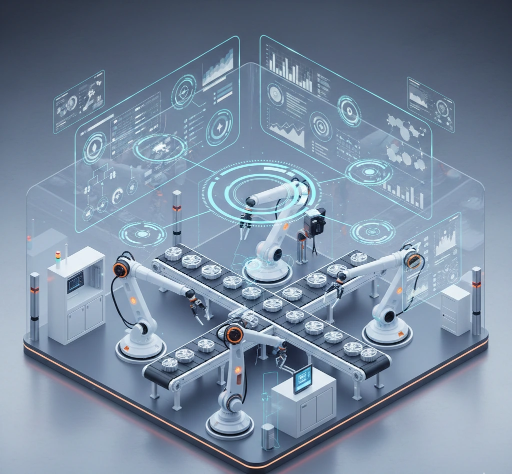 Smart factory digital transformation concept showing automated manufacturing line with robotic arms, conveyor systems, and holographic data analytics dashboards displaying real-time production metrics, predictive maintenance alerts, and supply chain visibility in a clean blue and white corporate technology aesthetic.