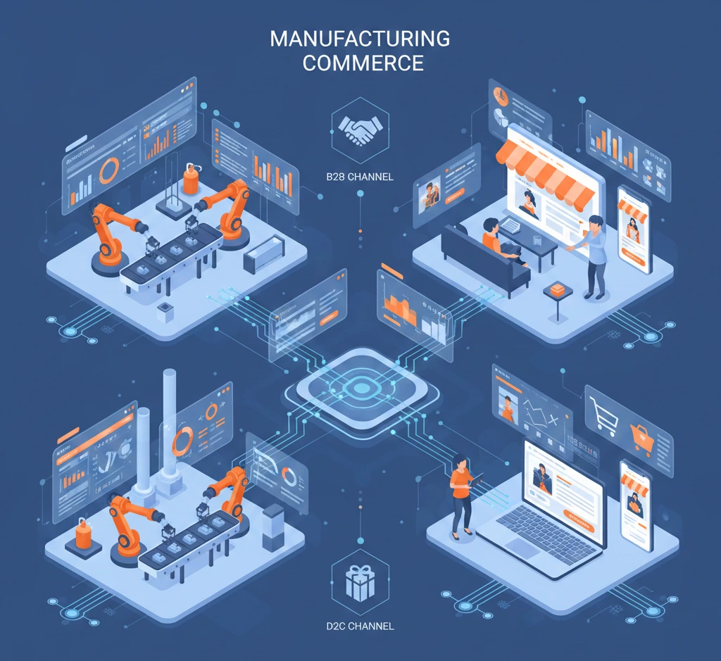 Isometric illustration of unified manufacturing commerce ecosystem showing B2B industrial production with robotic arms and ERP dashboards connected to D2C online storefronts through centralized Shopify Plus platform, featuring data synchronization flows between factory operations and direct-to-consumer shopping interfaces on laptop and mobile devices.
