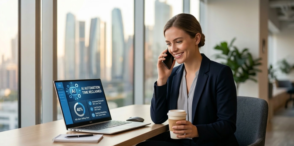 Confident sales representative in navy blazer sits at a modern desk with city skyline view, smiling during a phone call while holding a coffee cup. Her laptop displays an AI automation dashboard highlighting "40% More Selling Time" reclaimed through automated workflows, lead scoring, and smart scheduling.