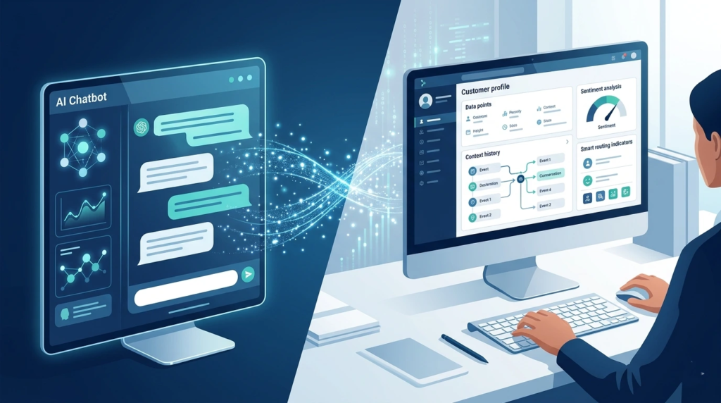 Split-screen illustration showing seamless AI-to-human handoff: left side displays an AI chatbot interface with conversation bubbles and data visualizations, connected by flowing light particles to a human agent's workspace on the right, featuring a comprehensive customer profile dashboard with context history, sentiment analysis, and smart routing indicators.