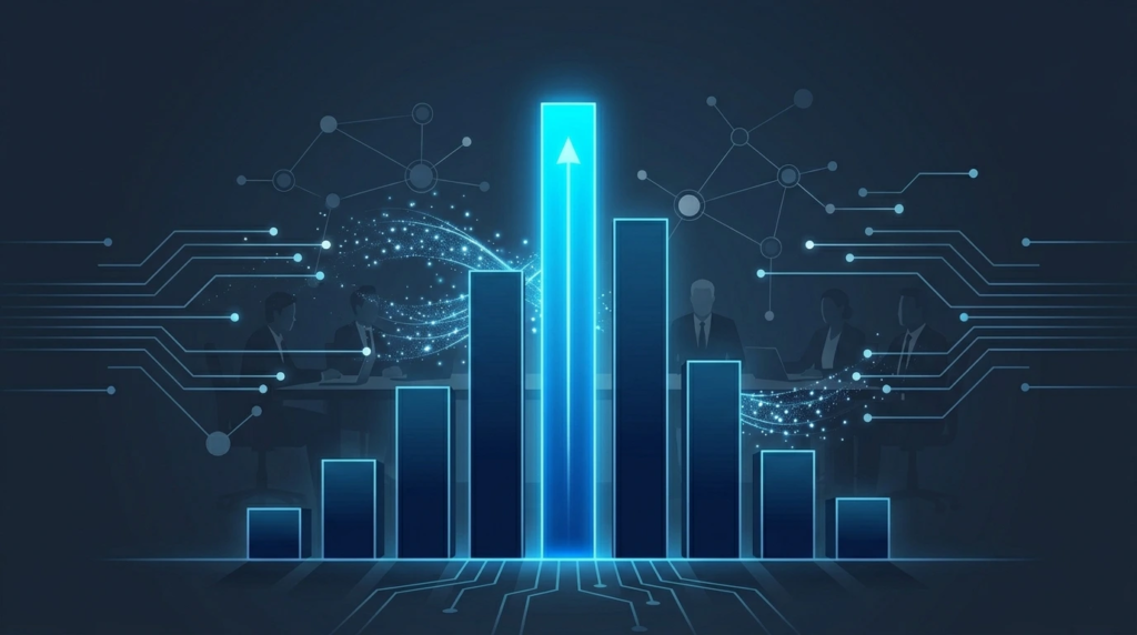 Rising AI investment bar chart with glowing upward arrow, business leaders in background, and AI data network — representing 92% surge in AI adoption.