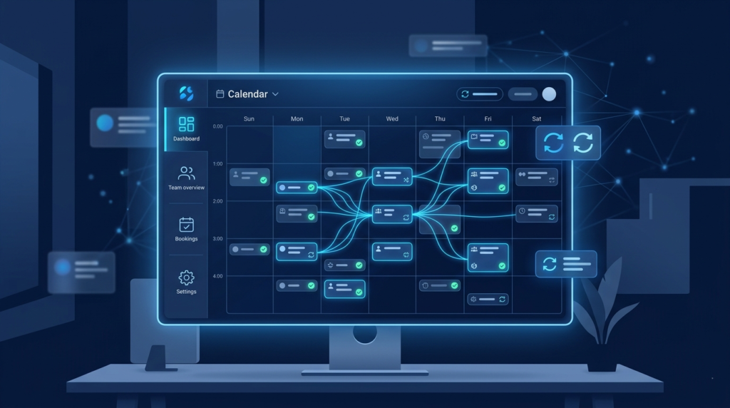 AI scheduling dashboard showing automated calendar integration with real-time booking sync and intelligent meeting routing across a full week.