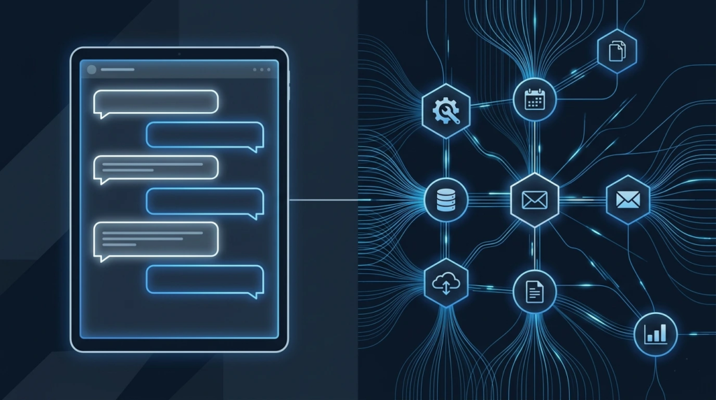 AI agents vs chatbots visual, passive chat interface on the left contrasted with a live AI automation network connecting email, calendar, and database tools.