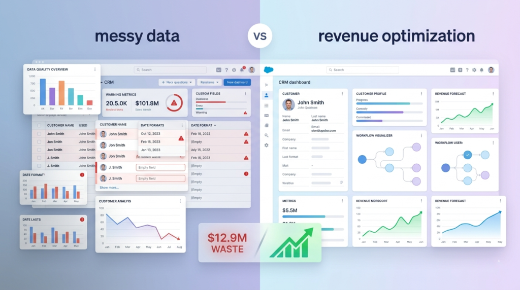 A split-screen B2B SaaS dashboard comparison titled 'messy data' vs 'revenue optimization.' The left side shows a cluttered CRM with duplicate entries and declining revenue charts, while the right side displays a clean, organized CRM interface with unified customer profiles and upward-trending growth charts. A central visual highlights the transition from $12.9M in waste to optimized revenue.