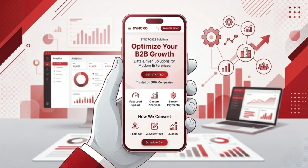 Mobile-first B2B website design displayed on a smartphone with red and white UI, featuring analytics dashboards, growth charts, and clear call-to-action buttons for lead generation.