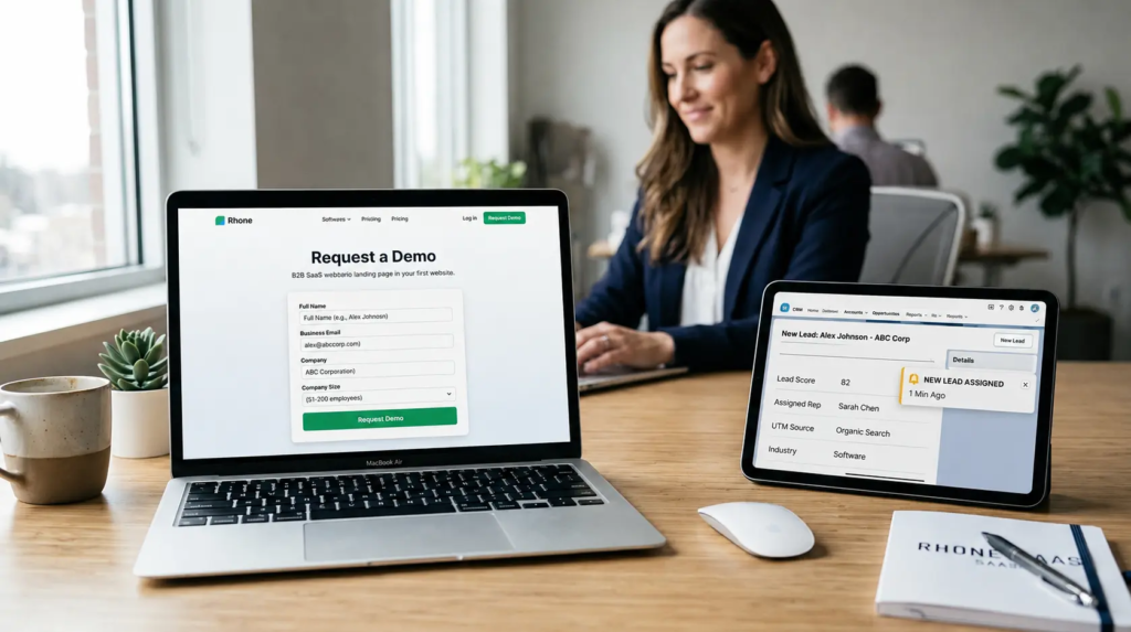 Professional workspace showing a SaaS demo request form on a laptop syncing lead data to a CRM dashboard on a tablet, with a businesswoman working in a modern office environment.