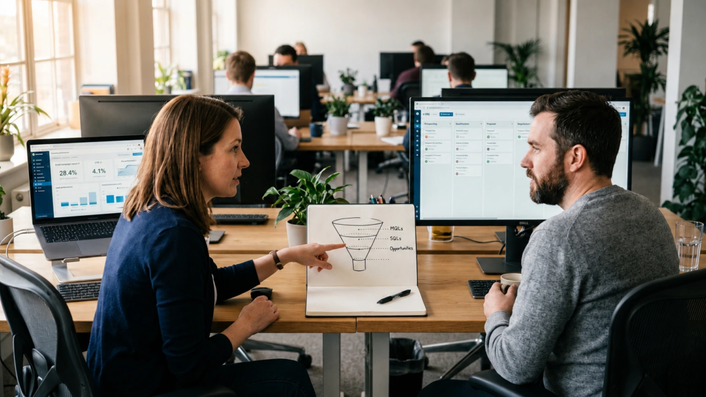 Two coworkers in a modern open-plan office sit across a desk, discussing a hand-drawn sales funnel diagram in a notebook, with computer screens, plants, and other employees working in the background.
