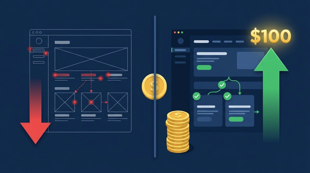 Split-screen infographic showing UX ROI transformation: left side displays a broken wireframe interface with red friction points and a downward arrow indicating lost revenue; right side shows a polished, modern UI design with green checkmarks, smooth user flows, a glowing "$100" symbol, and an upward arrow representing 100x return on investment, with a single gold coin transforming into a stack of coins in the center.