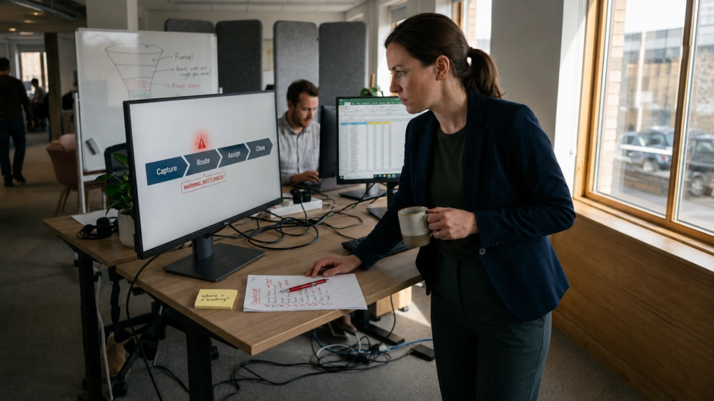 Focused professional in a modern office reviews a workflow diagram on a monitor showing a bottleneck at the “Route” stage, holding a coffee mug beside a checklist and sticky note reading “Where is it breaking?”, with a colleague and whiteboard funnel sketch blurred in the background.